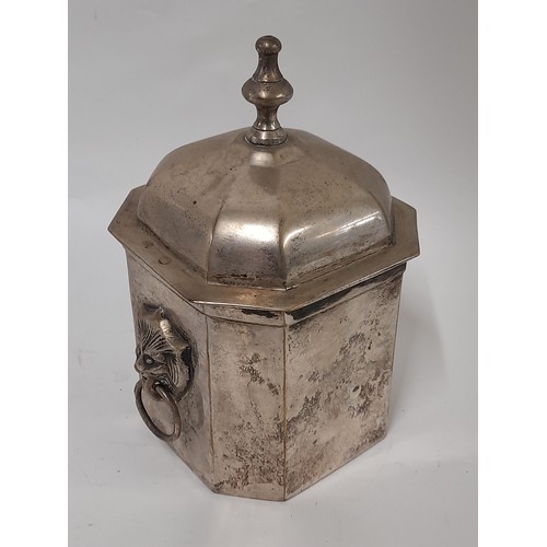 28 - Plated metal Tea Caddy with Lion Mask Handles, 17cm x 12cm