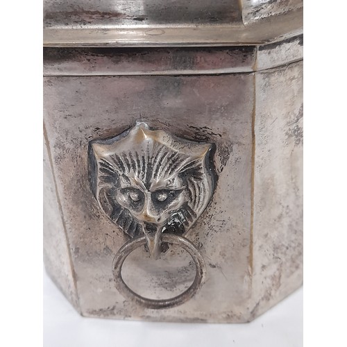 28 - Plated metal Tea Caddy with Lion Mask Handles, 17cm x 12cm