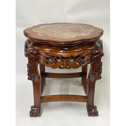 5 - Chinese Marble Top Carved Wood Stand. 50 x 50 x 46 cos