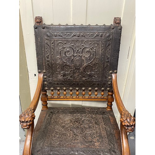 12 - Antique French Elbow Chair With Carved Lion Decoration.