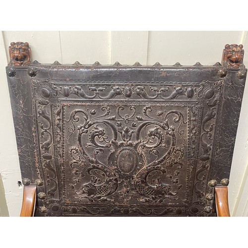 12 - Antique French Elbow Chair With Carved Lion Decoration.