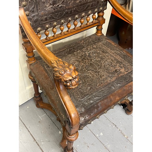 12 - Antique French Elbow Chair With Carved Lion Decoration.