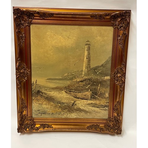 183 - Vintage Continental Oil On Canvas Of A Coastal Scene And Lighthouse Signed Bottom Left . Overall Siz... 