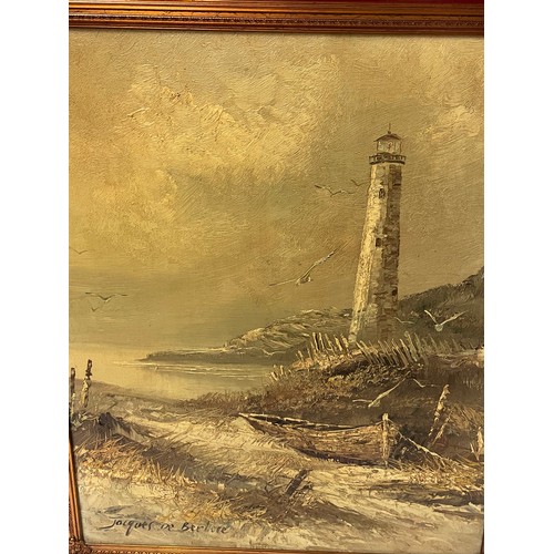 183 - Vintage Continental Oil On Canvas Of A Coastal Scene And Lighthouse Signed Bottom Left . Overall Siz... 