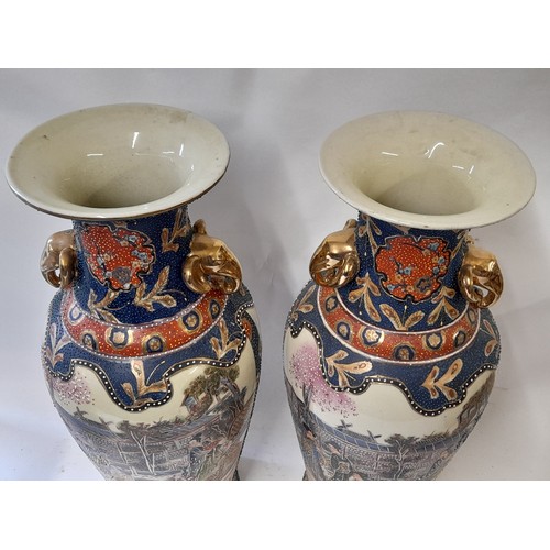 4 - Matching Pair of Oriental Vases depicting Geisha's in a garden, with Elephant head Handles. 46cm hig... 