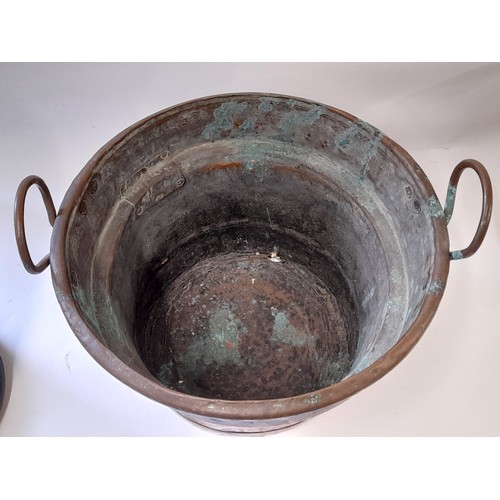 3 - Large Copper pot with copper handles with vintage repair, pot 25cm high x 35cm dia, total height wit... 