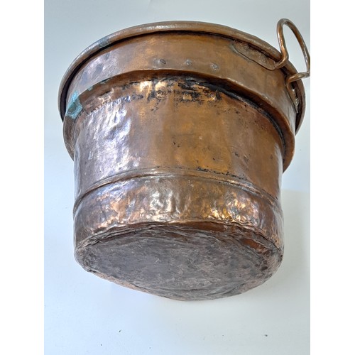 3 - Large Copper pot with copper handles with vintage repair, pot 25cm high x 35cm dia, total height wit... 