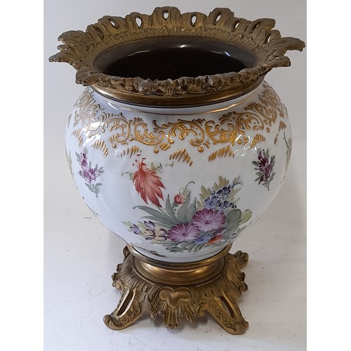 54 - Continental Ceramic Hand painted Vase with gilt brass decoration, 17cm high