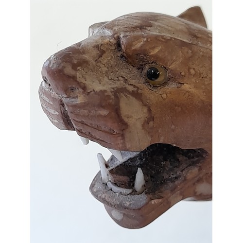 57 - Chinese carved wood Tiger with Glass eyes, 14cm long x 10cm high