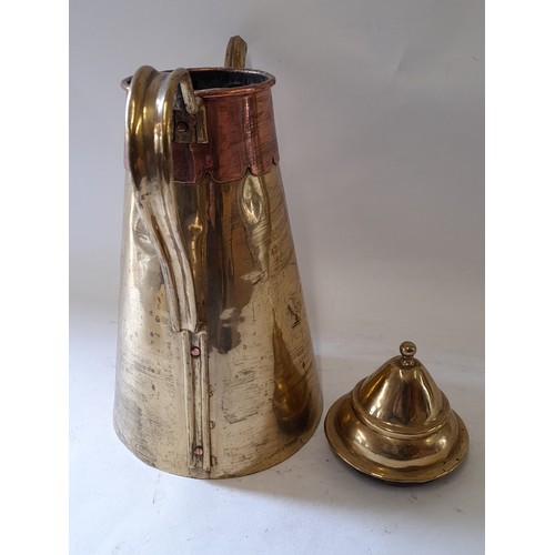 69 - Tall Brass Lidded Jug with Copper detail to top, 33cm high