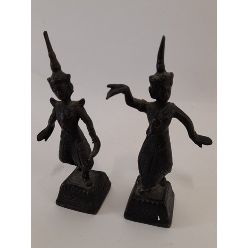 77 - 2 x Vintage Bronze Thai Temple Dancers, 13cm high