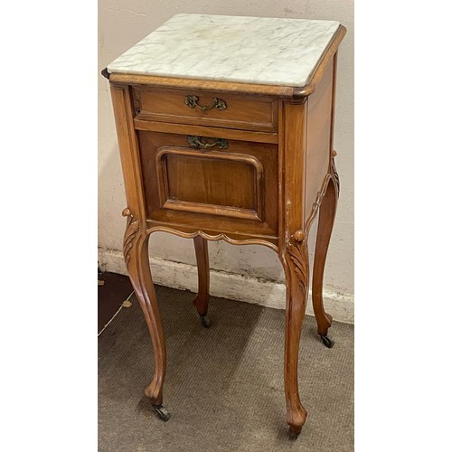 153 - French Marble Top Bedside / Night Stand. 41 x 41 x 90 cms