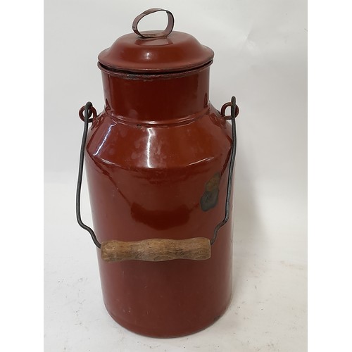 98 - Small Continental Enamel Milk Churn with swing handle, Grey enamel inside, Brown enamel outer. 31cm ... 