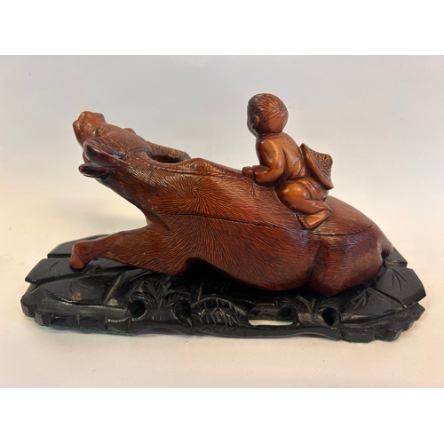 206 - Chinese Wooden Boy Riding A Water Buffalo / Ox On Stand . Measurements 27cm x 14cm.