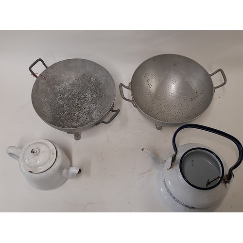 251 - 2 x 3 Footed Alloy Colanders and two enamel T Pots