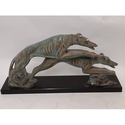 255 - Plaster study of 2 Racing Greyhounds on Black Marble Base, 46cm x 22cm