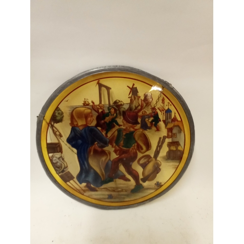 249 - Vintage hand painted leaded glass round  panel depicting dancing couples possibly a street fair 31cm... 