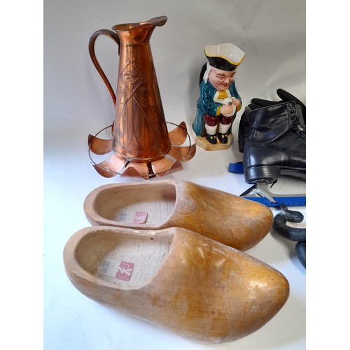 276 - Mixed Lot to Include Ice Skates, Clogs, Copper Jug, etc