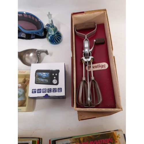 283 - Mixed Lot to include Digital Camera, Prestige Whisk in original box, Brass Jam Thermometer, etc