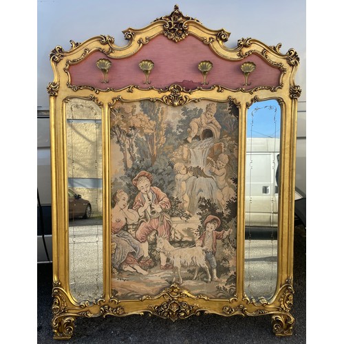 33 - Large Gilt  Mirror With Coat Hooks With A Needlepoint Tapestry Centre. Measures 6 Foot 8 Inches Wide... 