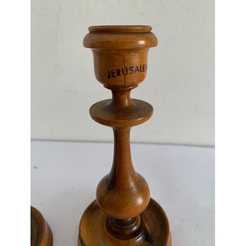 106 - Pair Of Vintage Olive Wood Candle Sticks From Jerusalem 
15 cms h