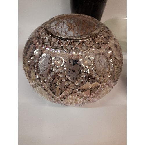 389 - Black Glass Vase, 3 glass bowl, ceramic pin dish and a glass round decorative bowl. (4)