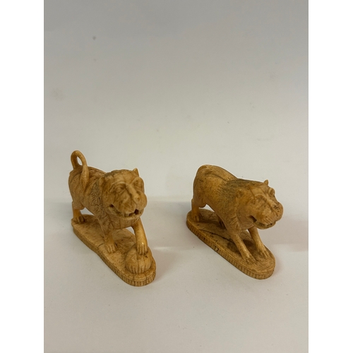 325 - Antique Bone Carved Figures Of Lions, Possible Prisonor Of War.     5cm x 6cm    (2)