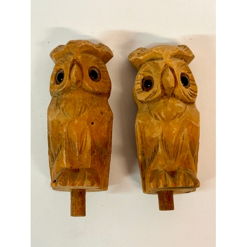 333 - Two Wooden Carved Figures In Form Of Owls With Teddy Bear Eyes.  8cm x 3cm.      (2)