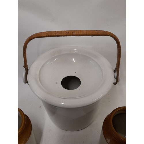 404 - Porcelain Slop Bucket with swing handle with 2 Stone ware Storage Jars, 21cm high