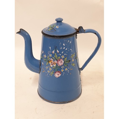 413 - Vintage Blue Enamel Coffee Pot with hand Painted Floral Decoration, 26cm high