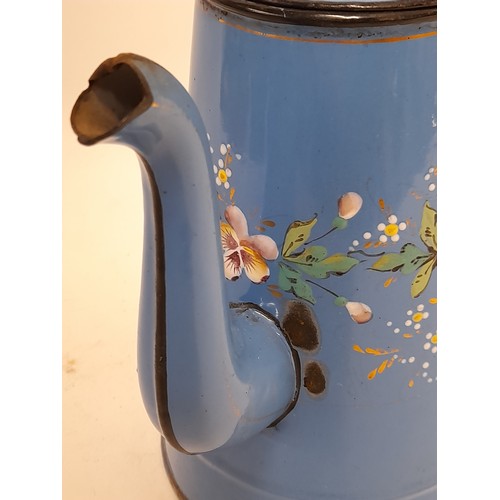 413 - Vintage Blue Enamel Coffee Pot with hand Painted Floral Decoration, 26cm high