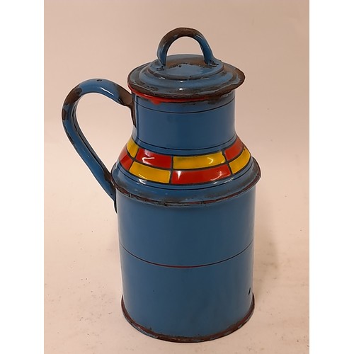 414 - Small Vintage Blue Enamel churn with lid and hand painted decoration, 18cm high