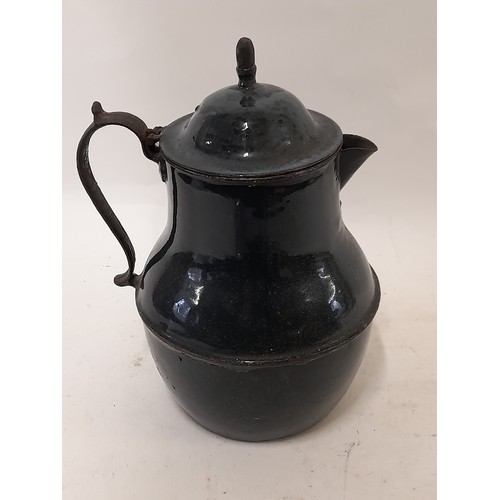 416 - Vintage Dark Blue Enamel Jug with flip lid, 23cm high