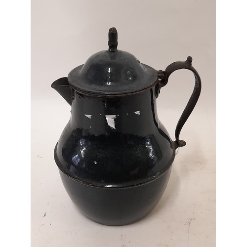 416 - Vintage Dark Blue Enamel Jug with flip lid, 23cm high