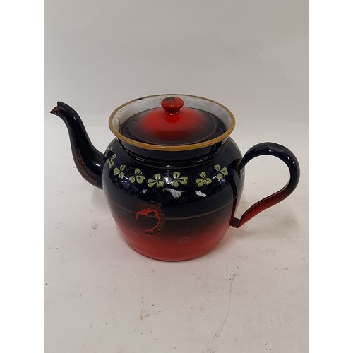 417 - Blue and Red Vintage Enamel Teapot with Hand Painted Design