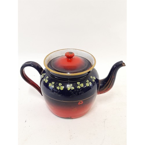 417 - Blue and Red Vintage Enamel Teapot with Hand Painted Design