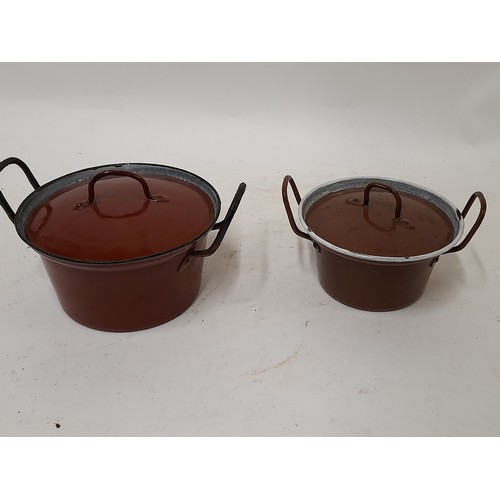 418 - 2 x Small Vintage Lidded Cooking Pots, Largest 14cm diameter