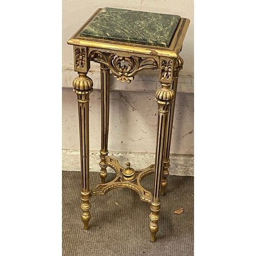 37 - French Marble Top Gilt Wood Table. 30 x31 x 73 cms