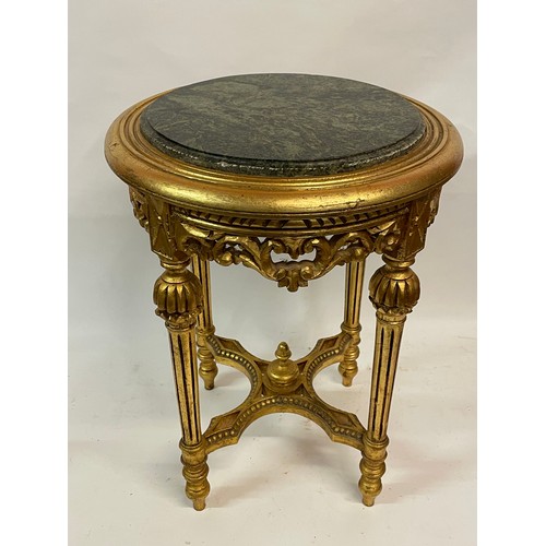 46 - French Circular Gilt Wood Marble Top Side Table. 41 cms Diameter X 53 cms High.