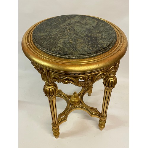 46 - French Circular Gilt Wood Marble Top Side Table. 41 cms Diameter X 53 cms High.