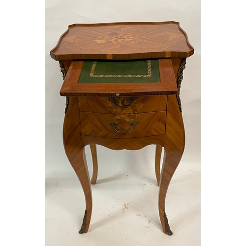 50 - French Marquetry Inlaid Louis Style Bedside Unit With Drawer And Writing Slide. 33 x 27 x 69cms