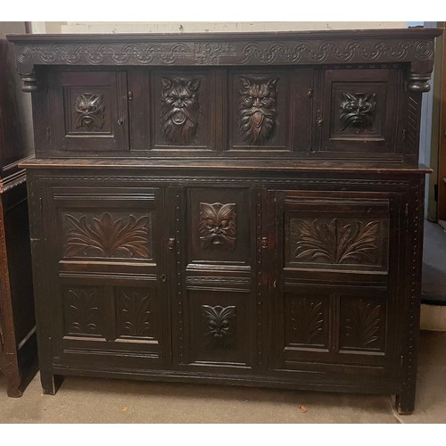 54 - Two Piece Continental Court Cupboard With Carved Wood Panels.162 x 170 x 56 cms