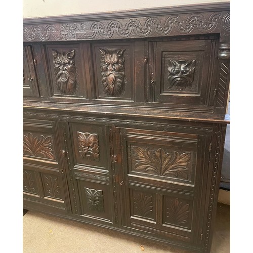 54 - Two Piece Continental Court Cupboard With Carved Wood Panels.162 x 170 x 56 cms
