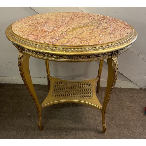 72 - French Gilt Wood Decorated Oval Marble Top Table. 76 x 67 x 54 cms