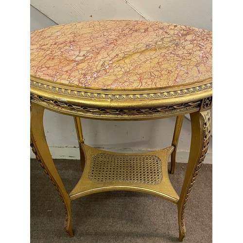 72 - French Gilt Wood Decorated Oval Marble Top Table. 76 x 67 x 54 cms