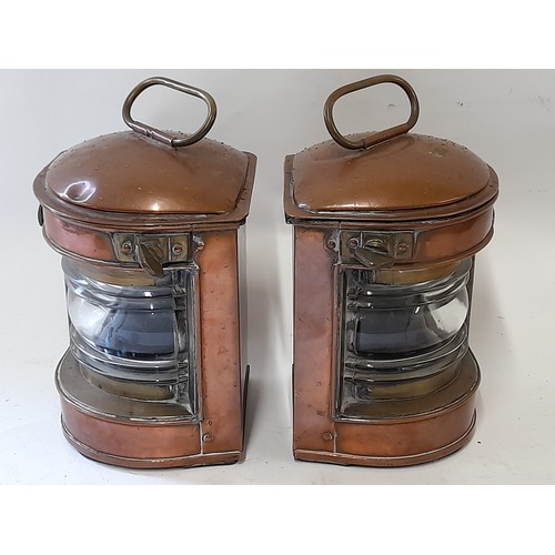 646 - Pair of Glass and Copper Marine Lights with Coloured Glass inserts, 12cm x 12 x 23cm