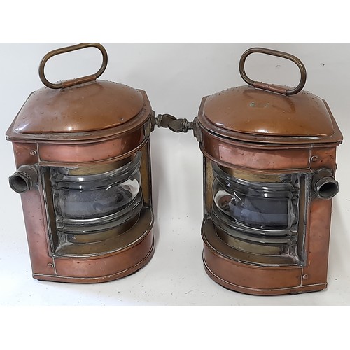 646 - Pair of Glass and Copper Marine Lights with Coloured Glass inserts, 12cm x 12 x 23cm