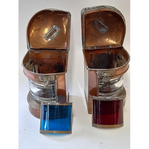 646 - Pair of Glass and Copper Marine Lights with Coloured Glass inserts, 12cm x 12 x 23cm