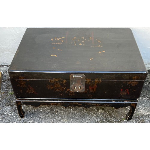 20A - Chinese Lacquered Two Piece Low Tea Table / Chest. 91 x 69 x 46 cms