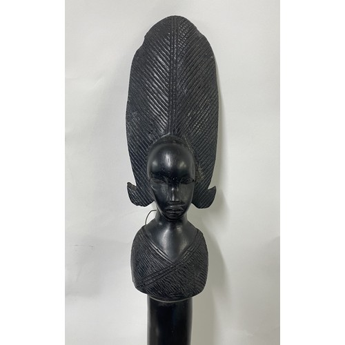 303 - Vintage African Ebony Carved Wood Tribal Ceremonial Piece with African Woman Finial Top 82cm Length